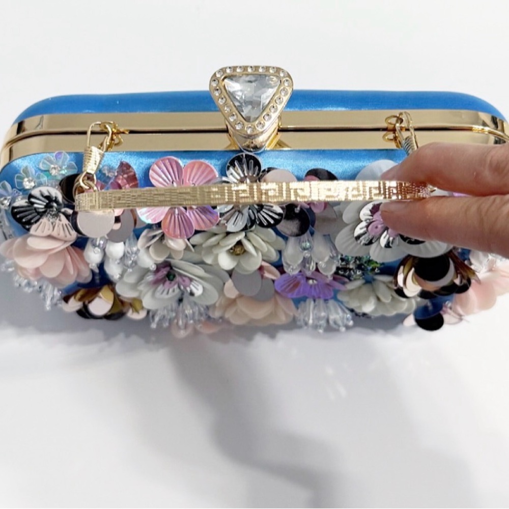 Bebe Blue Satin Floral Embellished Daisy Clutch w/ Chain Strap | NWT - Picture 3 of 14